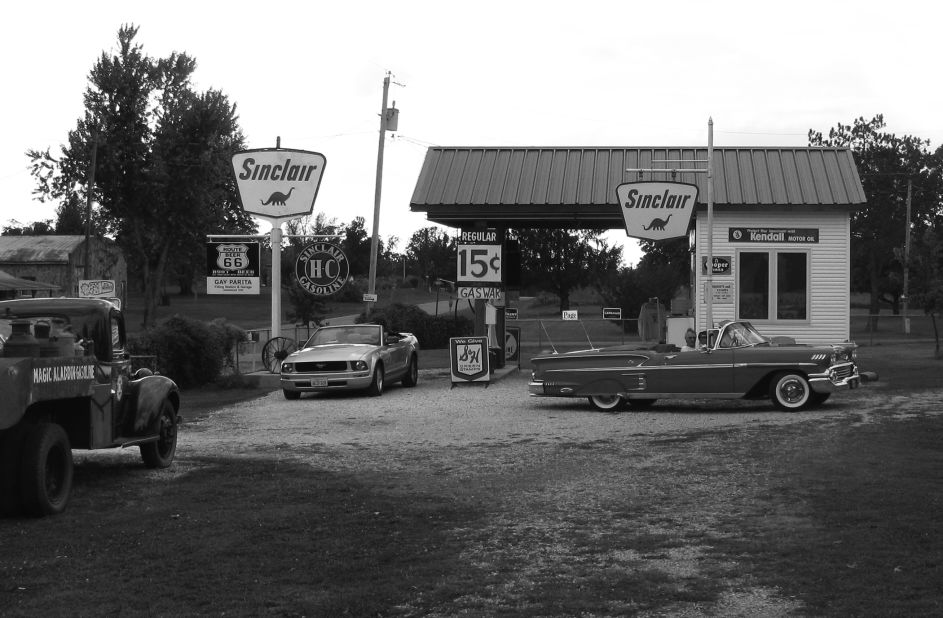 The Gay Parita Sinclair Station, three miles west of Halltown, Missouri, and other gas stations along Route 66 fed the cars and trucks driving on the famous highway. 