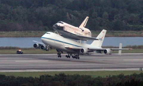 Perched atop a modified Boeing 747, Endeavour departs Kennedy Space Center in Florida at 4:22 Wednesday morning.