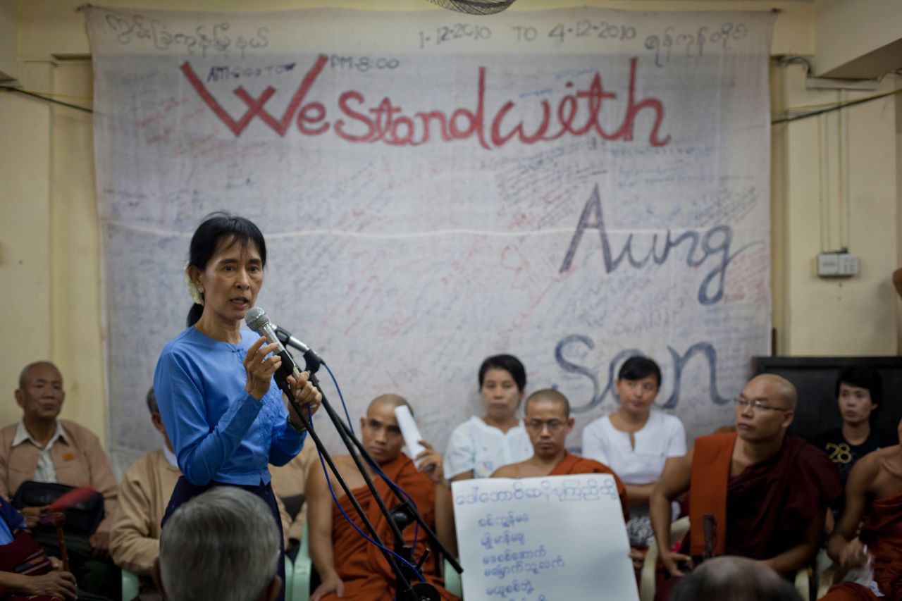 Suu Kyi speaks in Yangon in December 2010, a month after being released from house arrest. She had spent 15 of the previous 21 years under house arrest.