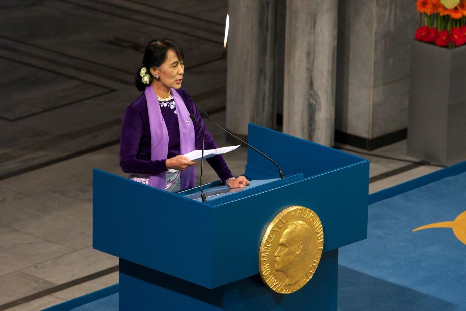 Suu Kyi speaks during a Nobel lecture in Oslo, Norway, in 2015. She was finally able to receive the Nobel Peace Prize that she won while she was under house arrest in 1991.