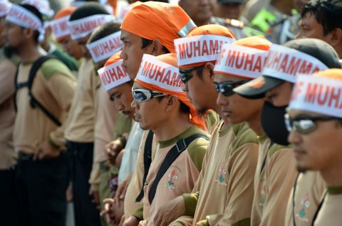 Members of Justice and Prosperous Party attend a protest outside the U.S. Embassy in Jakarta, Indonesia, on Wednesday.