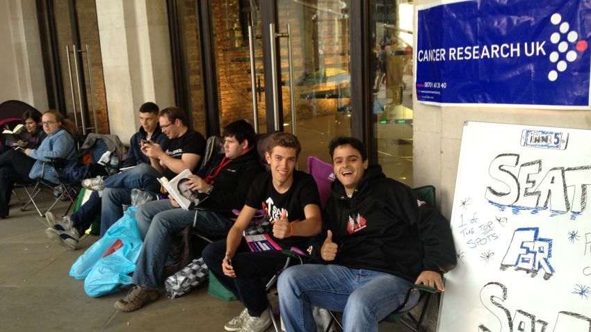 Alexandre Marchetti walked by the Apple store in London's Covent Garden on Thursday and shot this photo of two guys offering a seat for sale at the front of the iPhone 5 line to raise money for cancer research. It's going for 600 pounds, or nearly $1,000 U.S. dollars. 