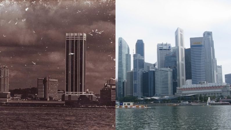 A view of Singapore's waterfront district in 1970, compared with the way it looks today.