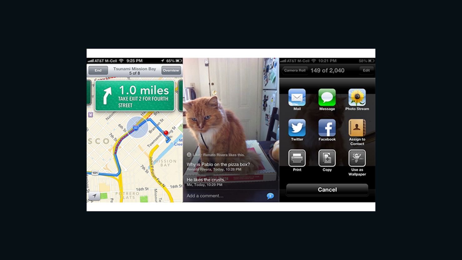 The new Maps app, Photo Stream tool and sharing options in iOS 6. 