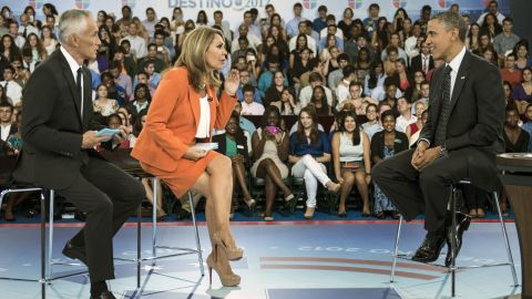 President Barack Obama appears with Jorge Ramos, left, and Maria Elena Salinas, center, during the taping of Univision News's 'Meet the Candidates' forum Thursday.