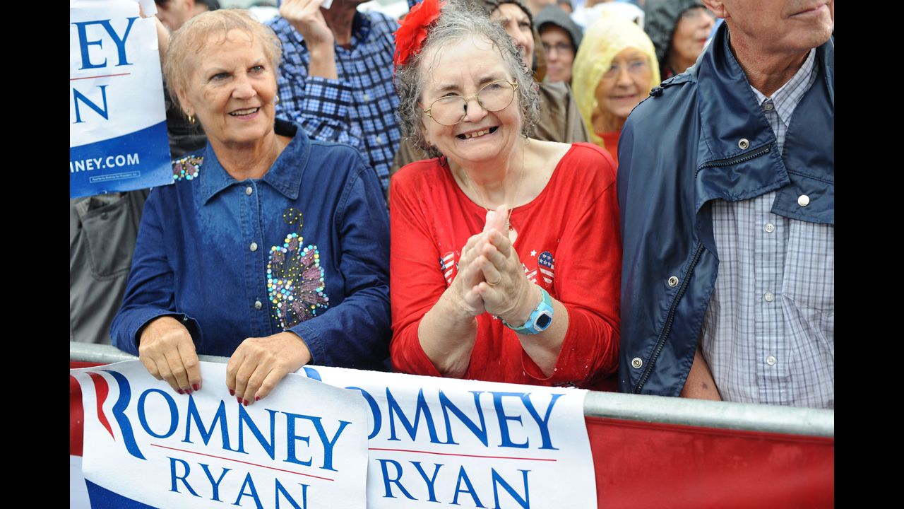 Supporters wait for Romney to speak at a campaign rally at Lake Erie College in Painesville, Ohio, on Friday, September 14.