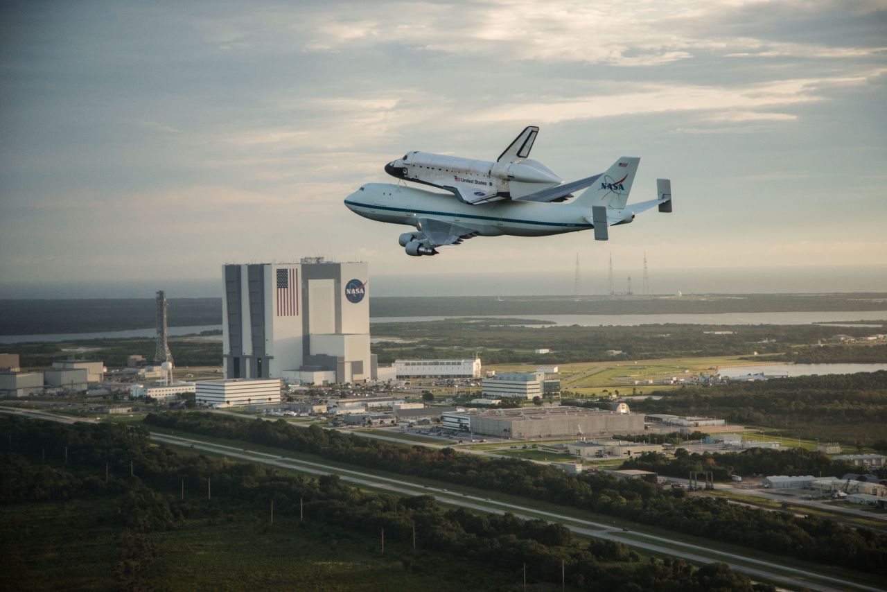 Space shuttle Endeavour flies over the Kennedy Space Center early Wednesday morning.