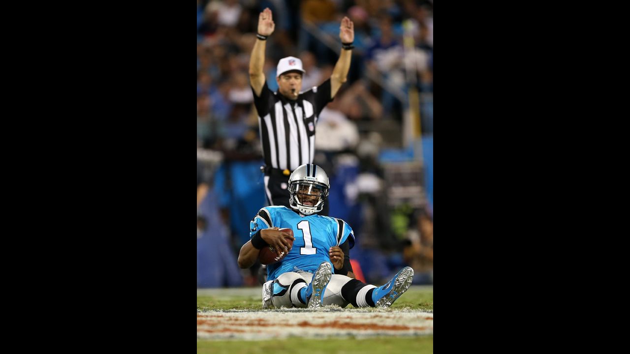 Cam Newton reacts after he was sacked in the first half against the Giants on Thursday.