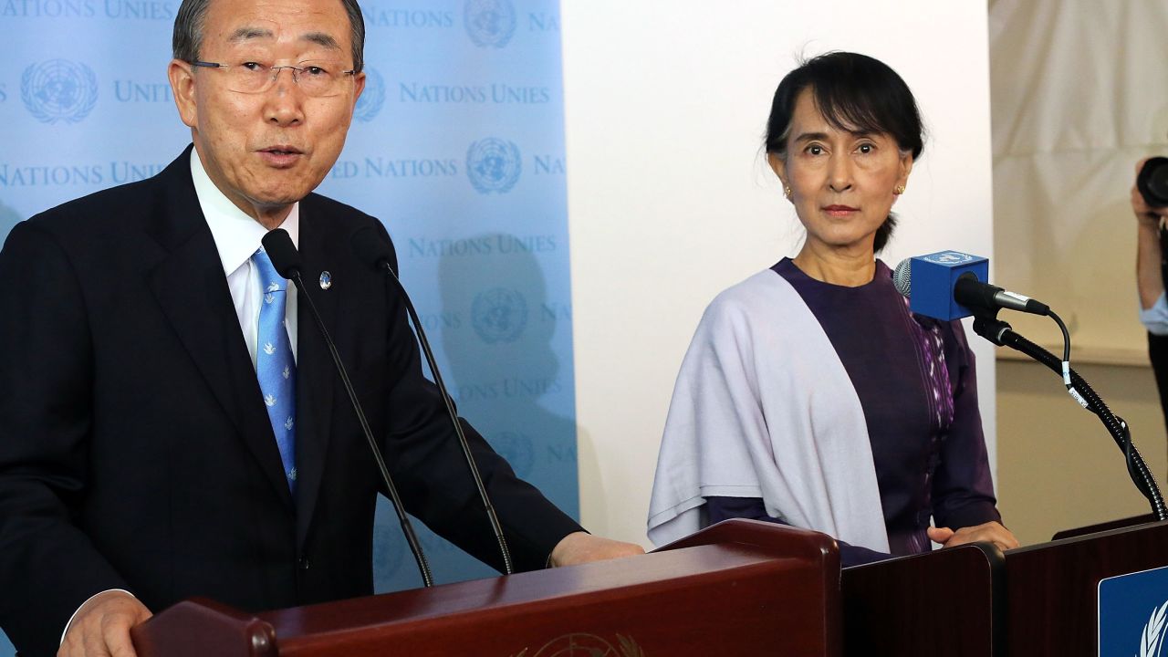  Aung San Suu Kyi and Ban Ki-Moon speak to the media following a meeting at the U.N. on September 21, 2012 in New York City.