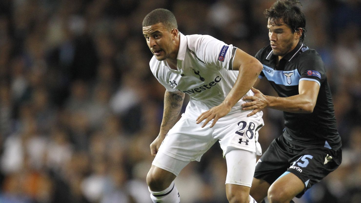 Tottenham's Kyle Walker in action against Lazio's Alvaro Gonzalez during the 0-0 Europa League draw at White Hart Lane.