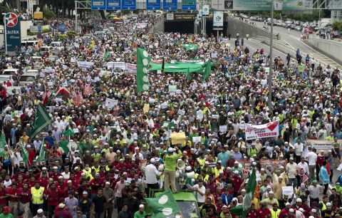 Malaysian Muslim demonstrators march toward the U.S. Embassy after a Friday mass prayer in Kuala Lumpur.