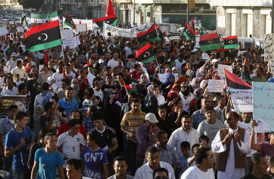 Protesters take part in a march in Benghazi, Libya, on Friday. The march was in support of democracy and against the Islamist militias that Washington blames for an attack on the U.S. consulate last week that killed four Americans including the ambassador. 