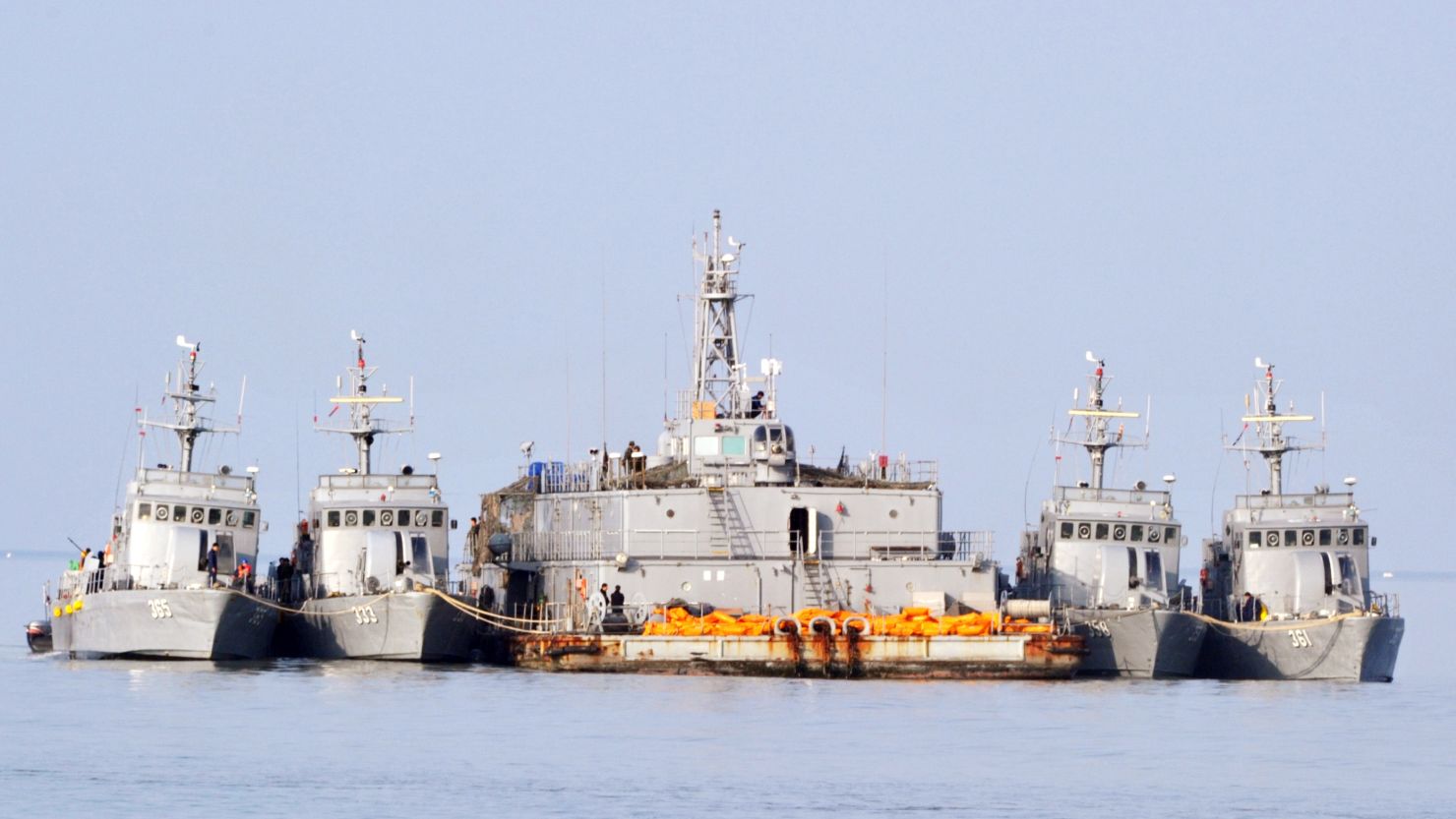 South Korean Navy vessels berthed off the South Korea-controlled island of Yeonpyeong near the disputed waters of the Yellow Sea on December 22, 2010.