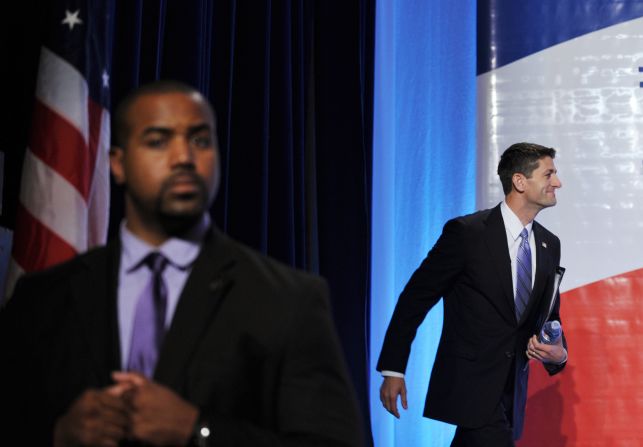Ryan arrives onstage to address the Family Research Council Action Values Voter Summit on Friday, September 14.