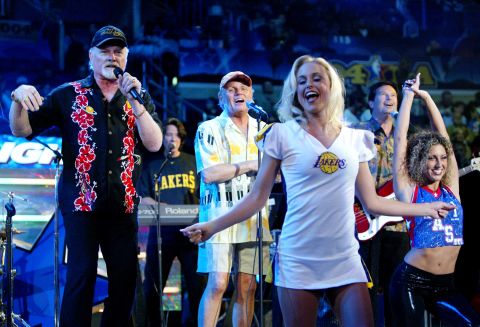 Singers Mike Love, left, and Bruce Johnston perform during the NBA All-Star Saturday Night festivities in February 2004  at the Staples Center in Los Angeles.