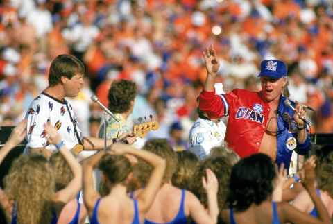 The Beach Boys perform during the pregame festivities before the New York Giants take on the Denver Broncos in the 1987 Super Bowl at the Rose Bowl in Pasadena, California. 