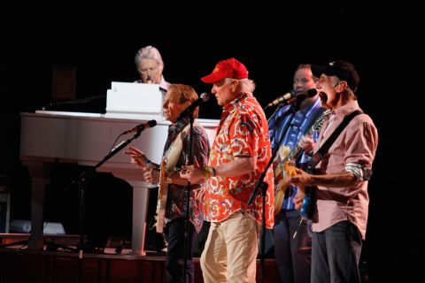 Musicians Brian Wilson, Al Jardine, Mike Love and  David Marks perform during the Beach Boys 50th Anniversary Concert Tour at the Anselmo Valencia Amphitheater in April 2012 in Tucson, Arizona.