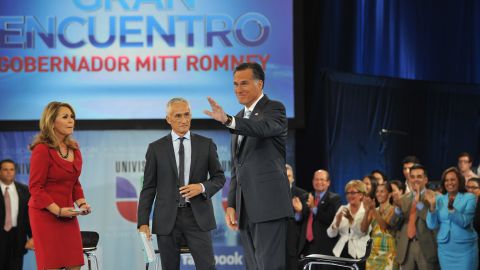 Mitt Romney, right, appears on Univision with moderators Maria Elena Salinas and Jorge Ramos in Miami last week.