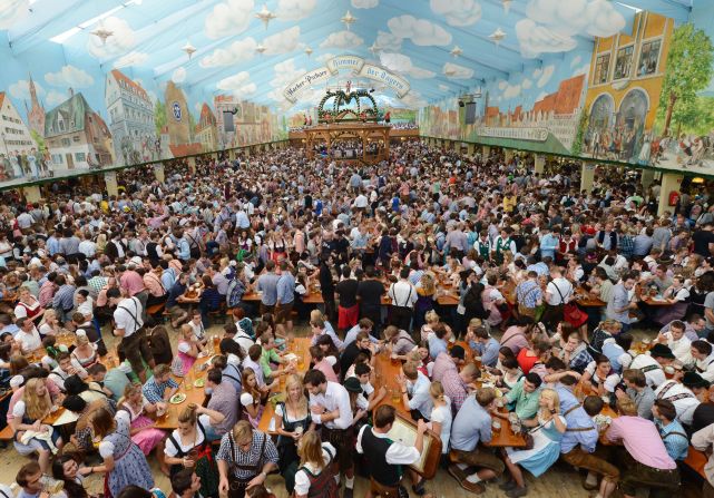 Revelers fill an Oktoberfest tent at the Theresienwiese festival grounds on Sunday, September 23.