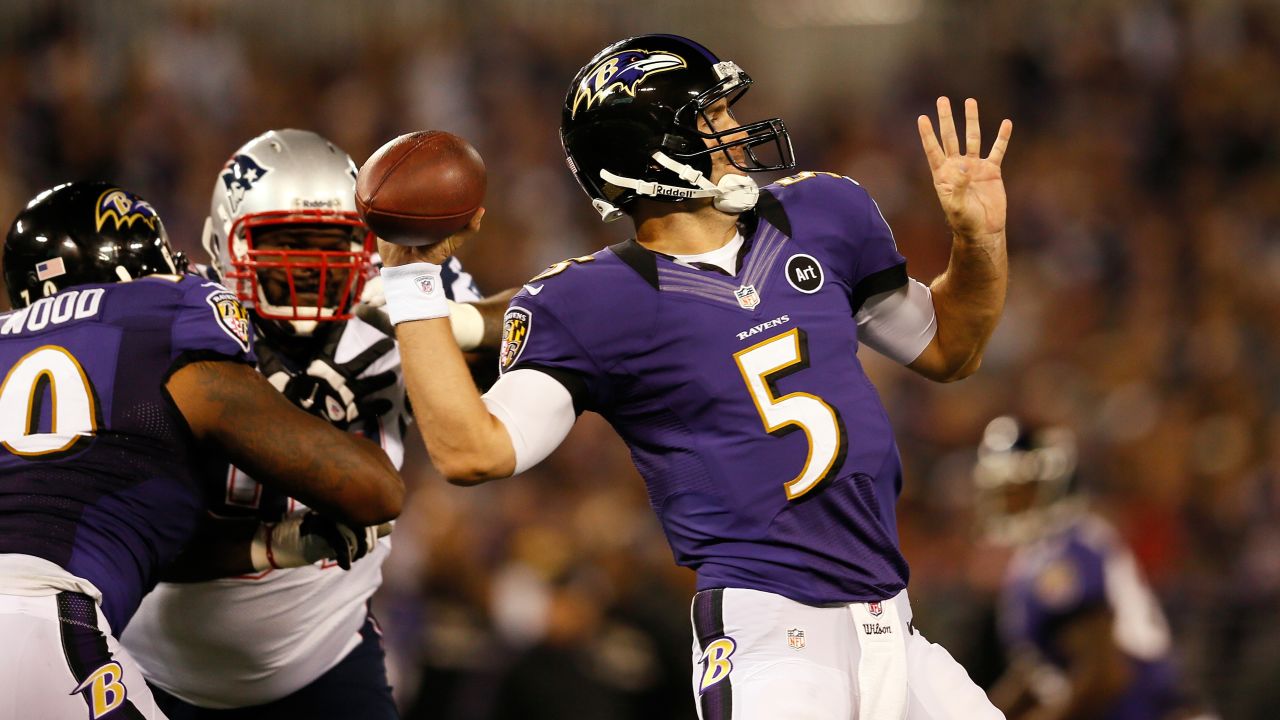 Ravens quarterback Joe Flacco throws a pass against the Patriots.