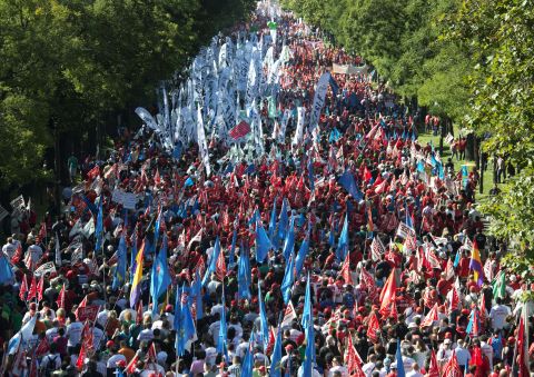 Spanish workers take to the streets to demonstrate against the government's austerity measures on September 15, 2012 in Madrid.