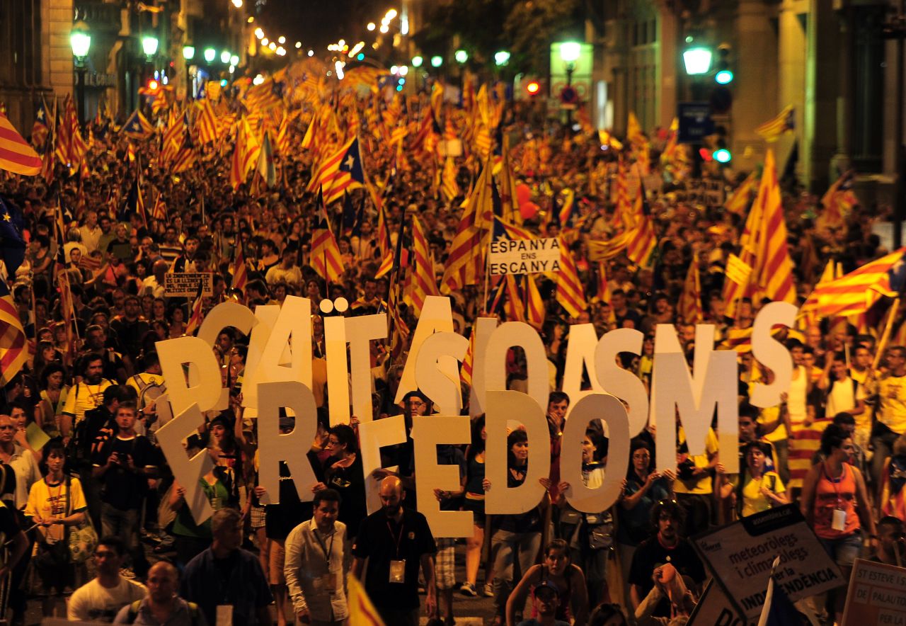 Supporters of independence for Catalonia demonstrate on September 11, 2012 in Barcelona to mark the Spanish region's official day, amid protests over Spain's financial crisis.