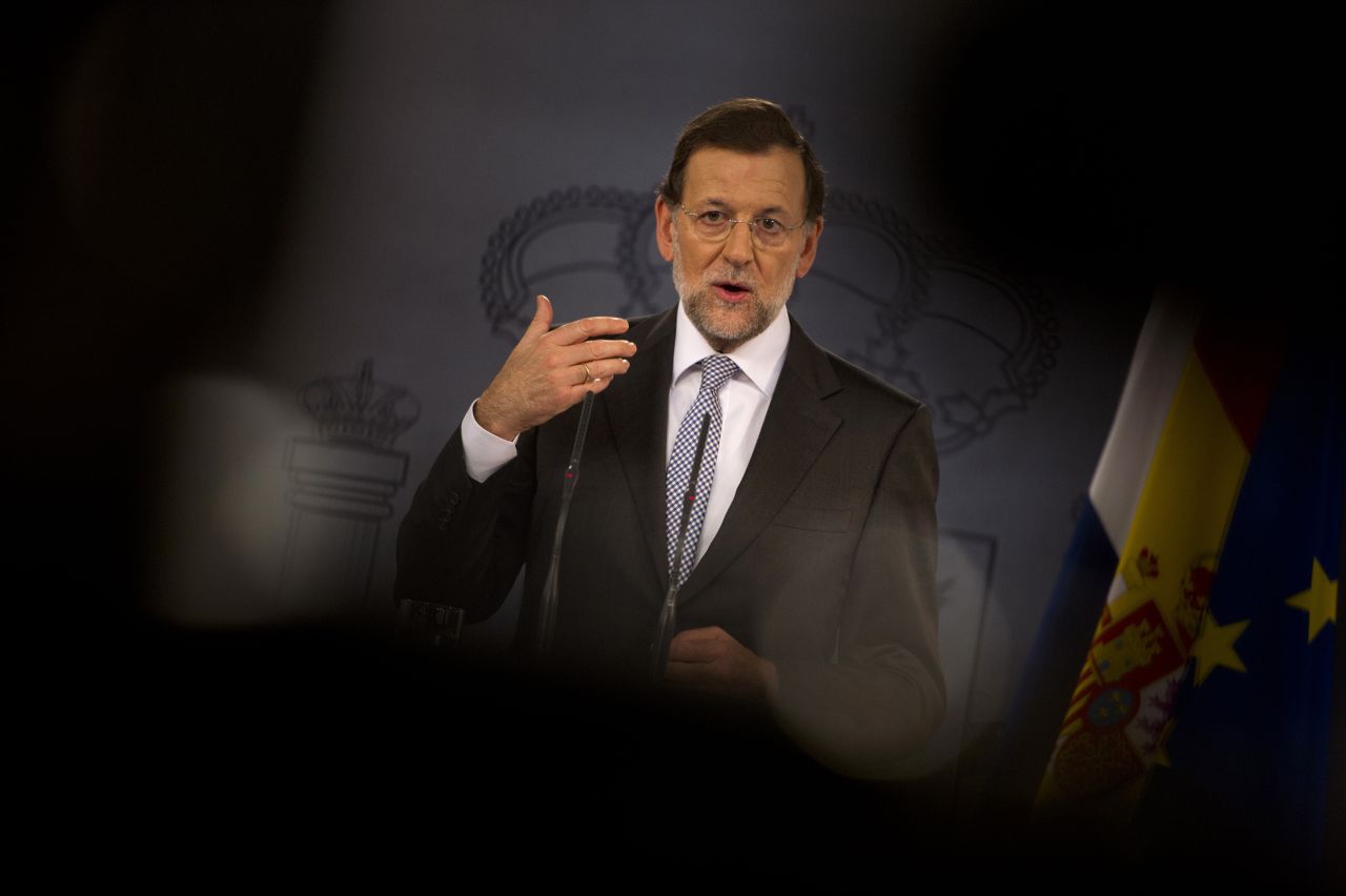 Spain's Prime Minister Mariano Rajoy gives a press conference on September 11, 2012. The conference followed Finnish Prime Minister Jyrki Katainen backing Spain and calling the crisis "unfair." 