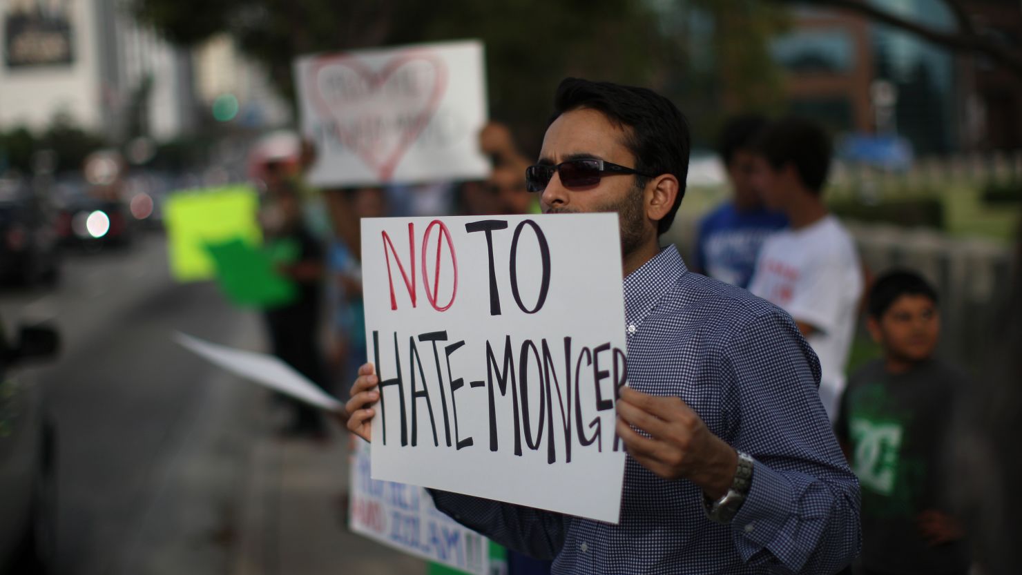 A member of the Muslim Congress protests hatred against Islam last week in Los Angeles.