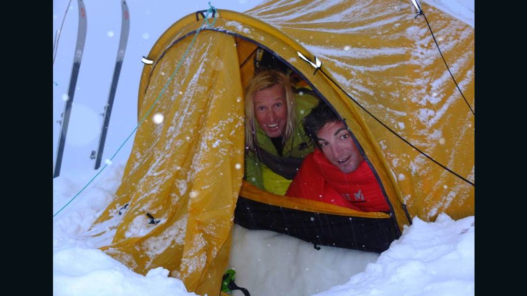 Extreme skiers Glen Plake, left, and Greg Costa, in their tent on Nepal's Mount Manaslu