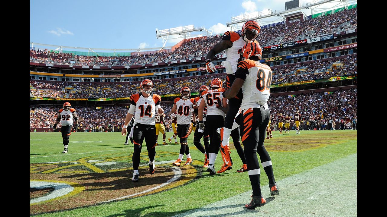 No. 84 Jermaine Gresham celebrates with Mohamed Sanu of the Cincinnati Bengals after scoring a touchdown on a 6-yard pass in the second half Sunday against the Washington Redskins.
