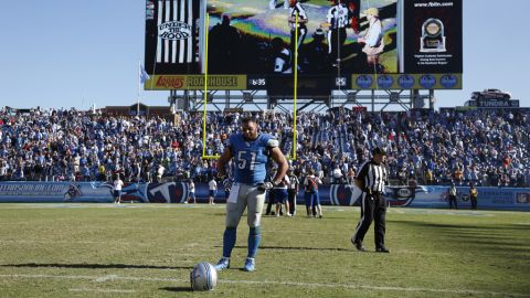 Dominic Raiola of the Detroit Lions reacts following the instant replay review of a fourth-down play in overtime against the Tennessee Titans on Sunday in Nashville. The Titans won 44-41.