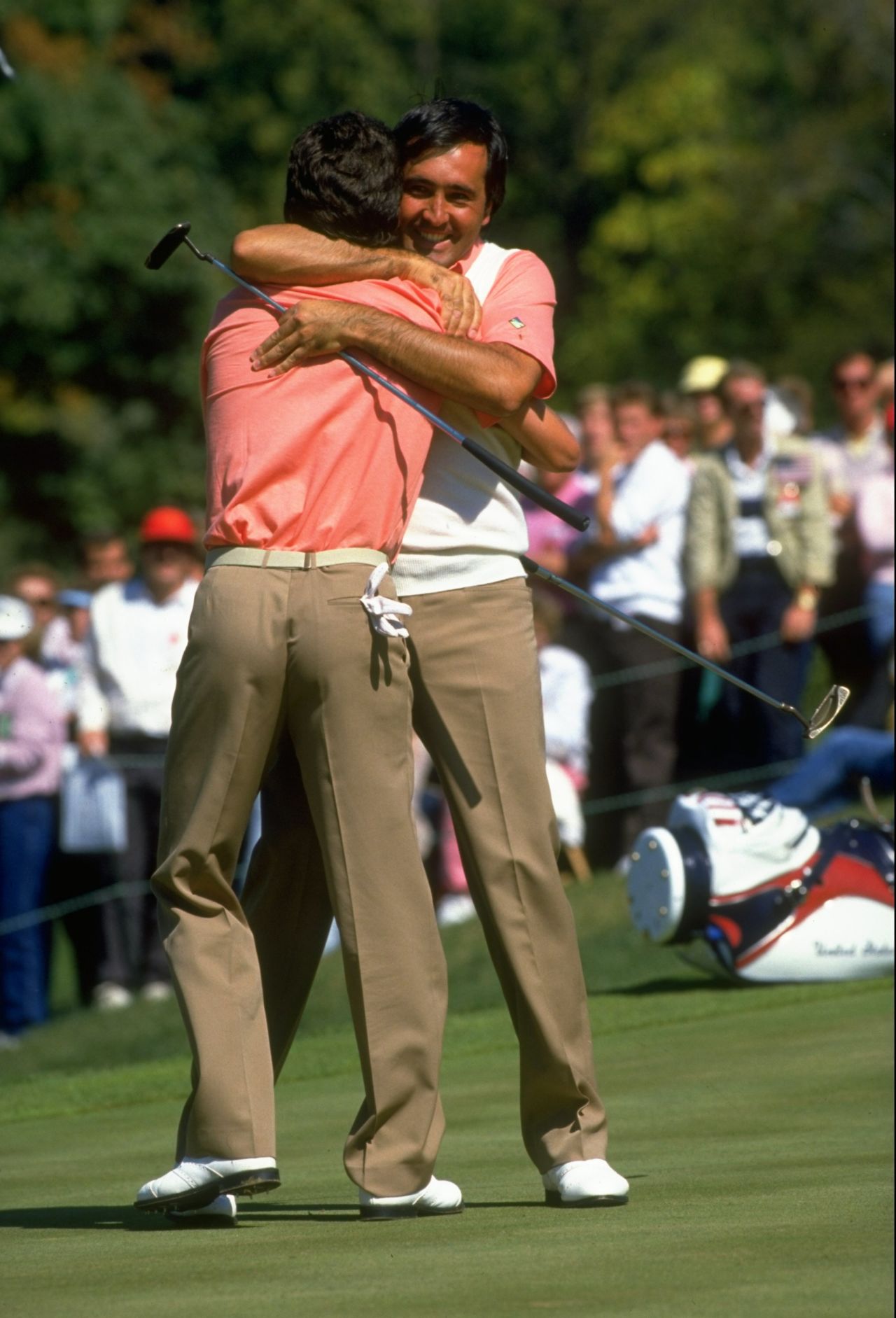 Severiano Ballestereros hugs his youthful Spanish compatriot Jose Maria Olazabal as their incredible partnership got underway during the 1987 match at Muirfield Village.