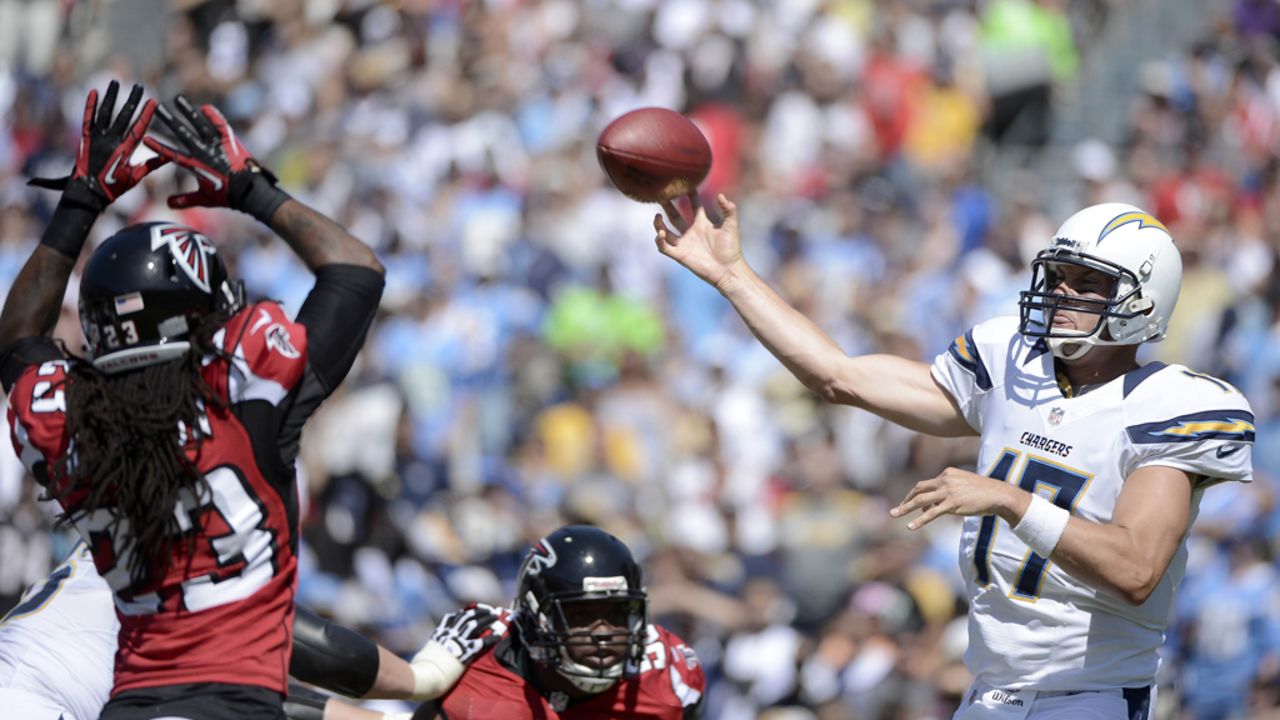 Philip Rivers of the San Diego Chargers throws in the game against the Atlanta Falcons in San Diego.