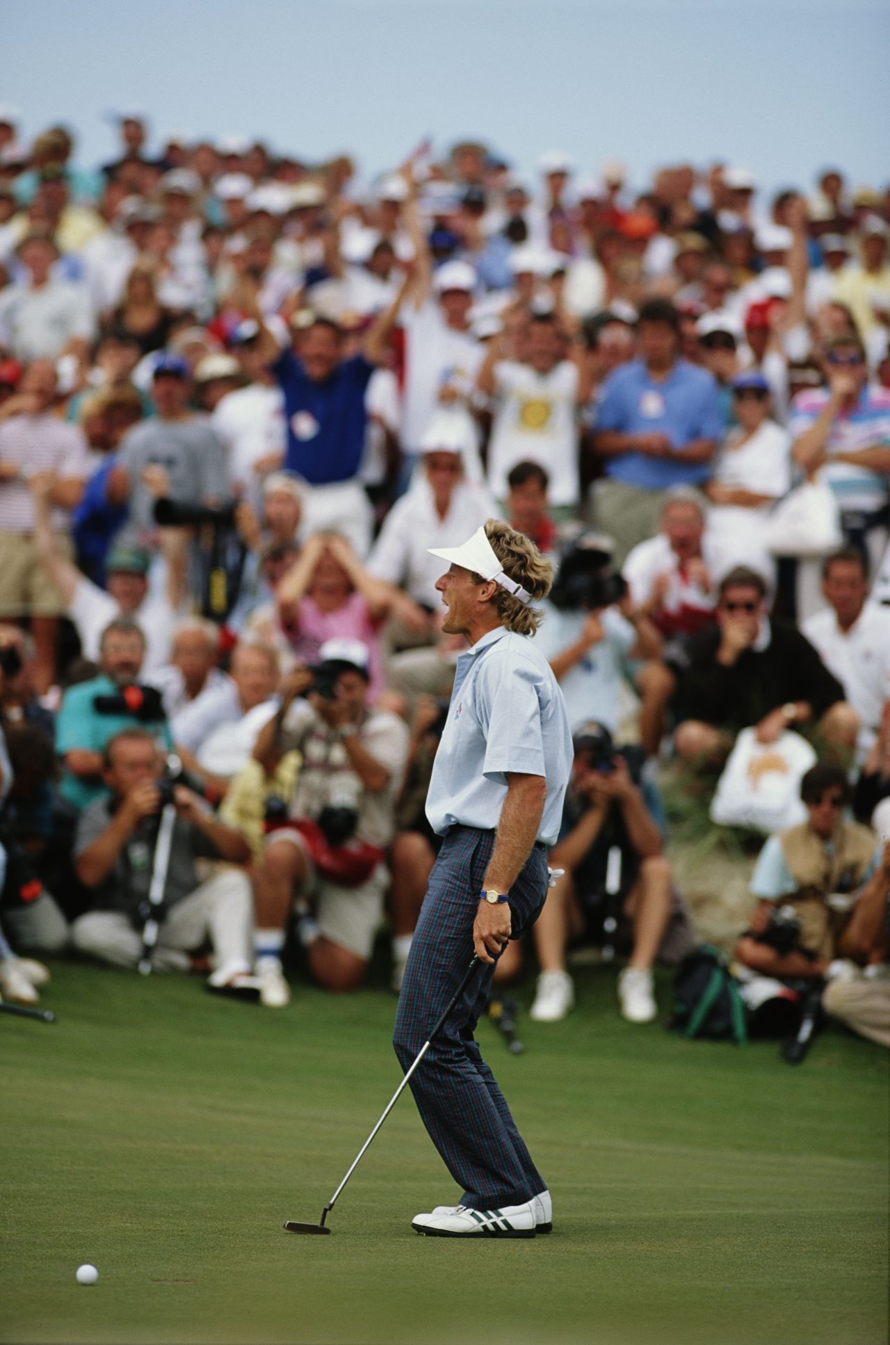 The agony of defeat:  Bernhard Langer reacts after missing the putt which would have tied the match against the United States at Kiawah Island in 1991. 