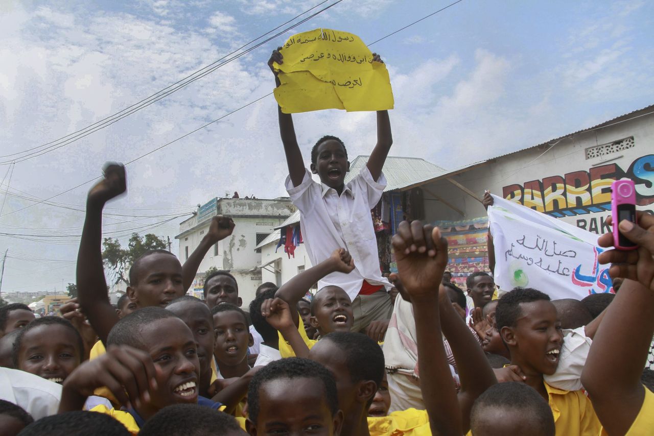 Muslim students protest in Mogadishu, Somalia, on Monday.