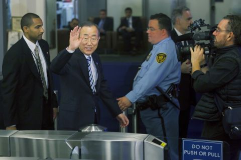 U.N. General Secretary Ban Ki-moon, second left, arrives on Tuesday.