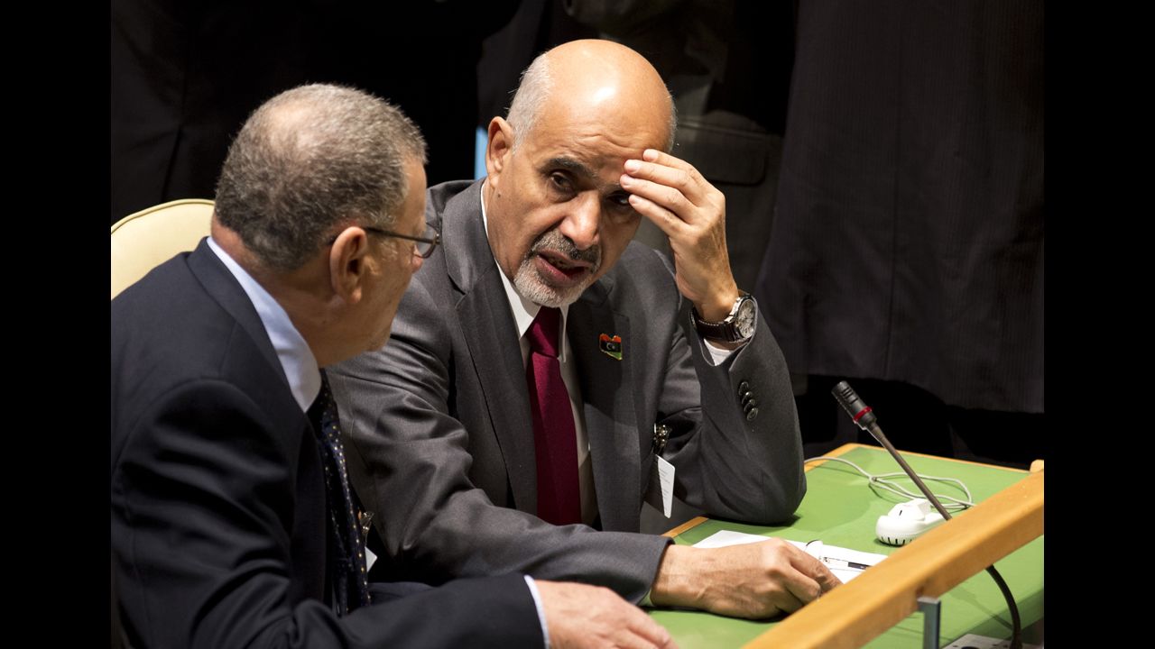 The president of Libya's parliament, Mohamed al-Magariaf, attends Tuesday's speeches.