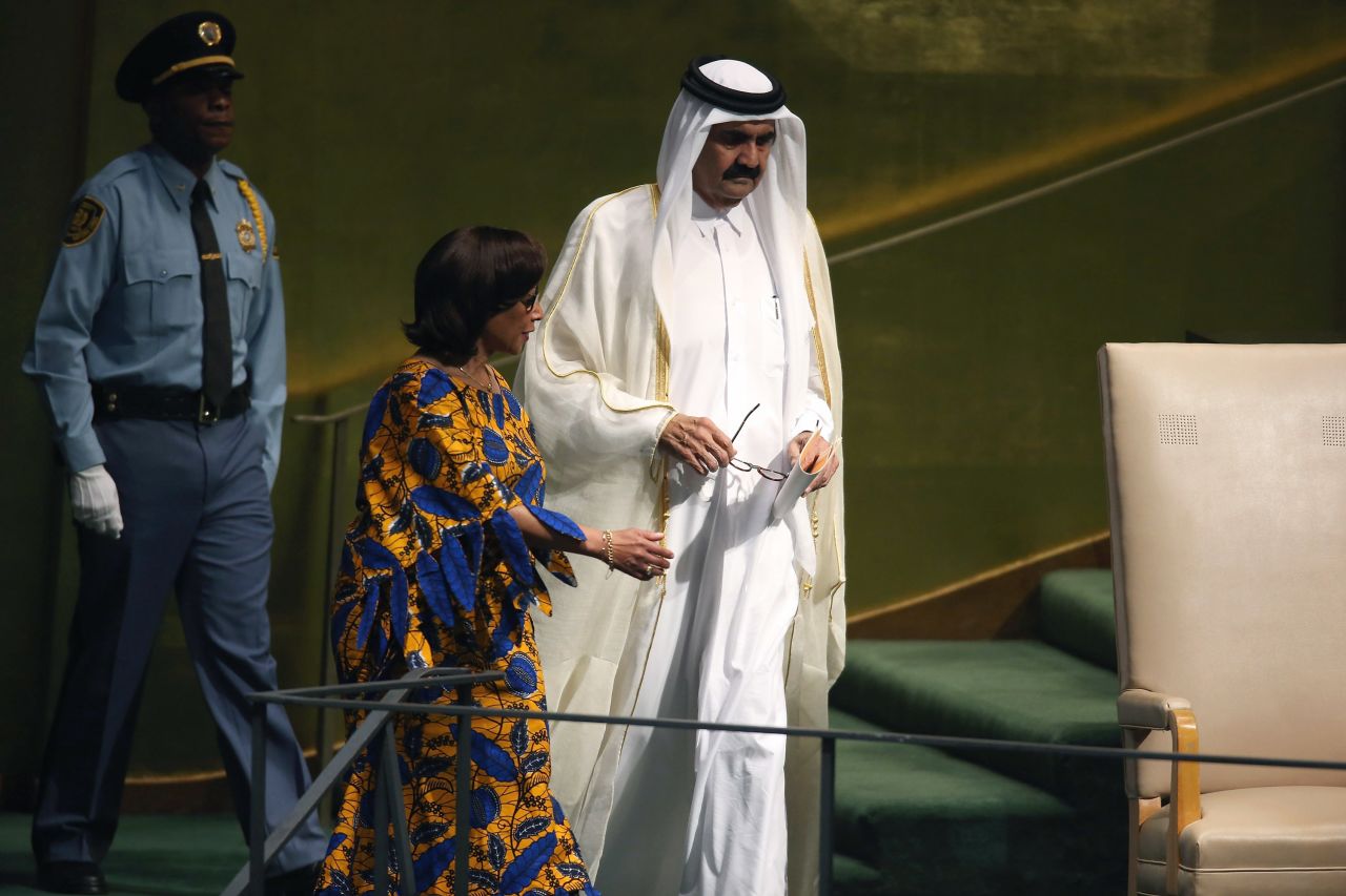 Sheikh Hamad bin Khalifa Al Thani, emir of Qatar, arrives to address the U.N. General Assembly on Tuesday.