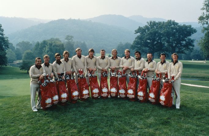 For the first time ever, the 1979 Ryder Cup found two Spaniards - Ballesteros and Antonio Garrido (4th and 3rd from right) - joining players from Great Britain and Ireland in competing against the United States. The match took place in West Virginia, where the home side triumphed again.