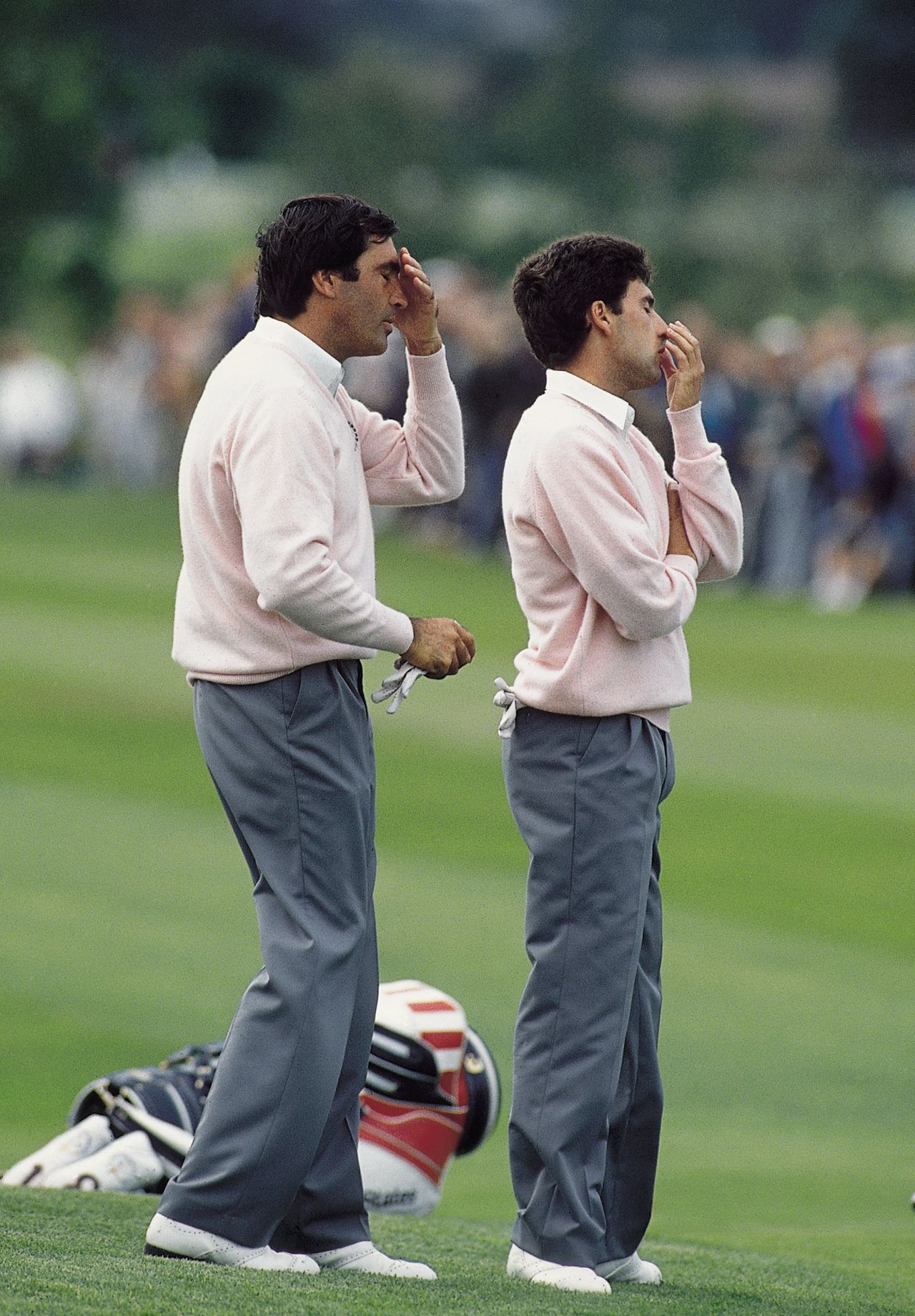 The Spanish pair were reunited for the 1989 match at the Belfry. Despite their pained expressions in this picture, Europe once again retained the trophy after a 14-14 draw.