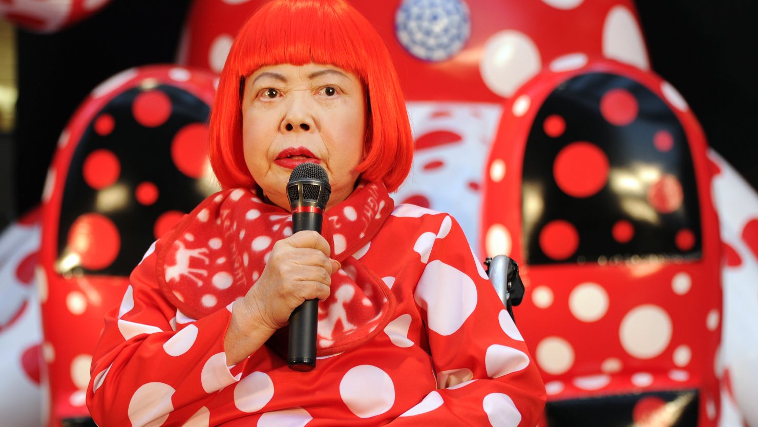 Japanese avant-garde artist Yayoi Kusama answers questions during a press preview for an 32-hour art event at Roppongi shopping district in Tokyo on March 22, 2012. AFP PHOTO/Toru YAMANAKA (Photo credit should read TORU YAMANAKA/AFP/Getty Images)