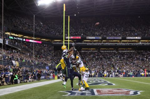 Wide receiver Golden Tate of the Seattle Seahawks makes a catch in the end zone to defeat the Green Bay Packers on a controversial call by the officials at CenturyLink Field on Monday.