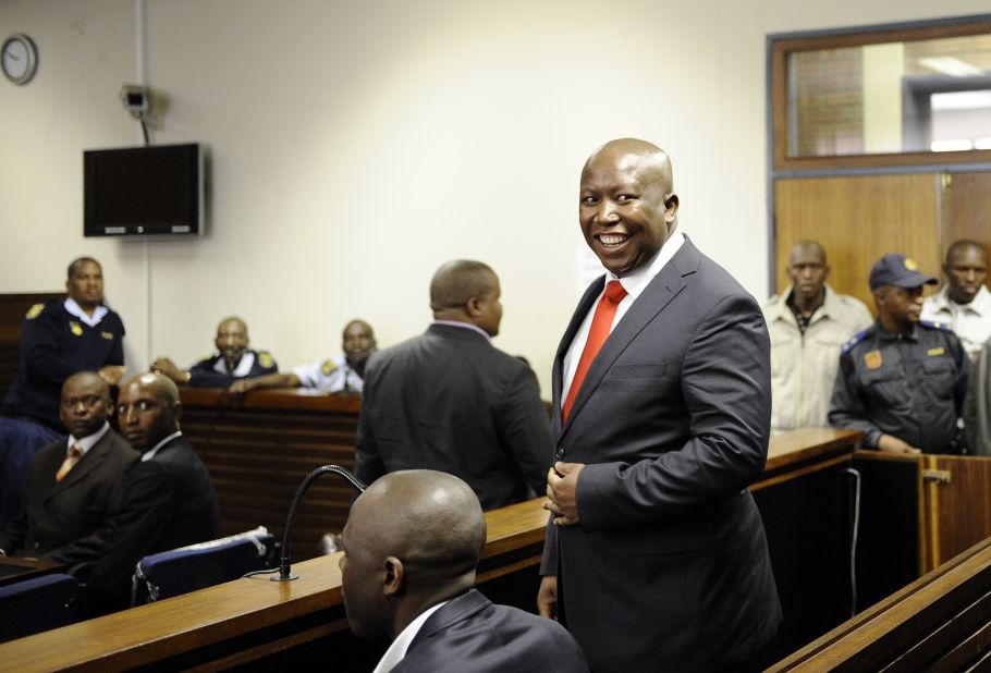 Malema smiles after arriving at the courthouse in Polokwane, north of Johannesburg. The 31-year-old has been charged with money laundering and is now released on bail with a fee set at 10,000 rand (945 euro, $1,215). 