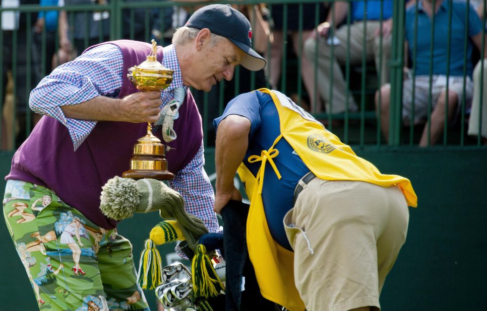 Murray, like Jackson, is a longtime regular on the celebrity golf circuit. Here he pretends to steal the Ryder Cup at the Captains & Celebrity Scramble at Medinah in 2012.