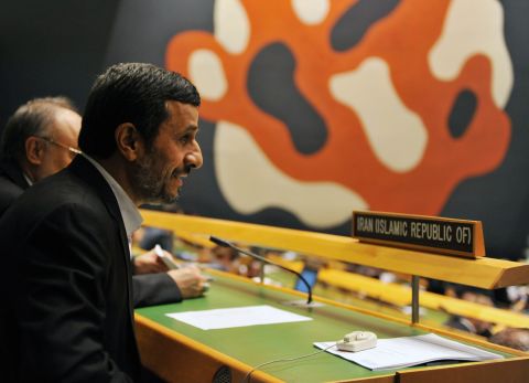 Mahmoud Ahmadinejad, president of Iran, takes a seat with his delegation on Wednesday, September 26, in New York.