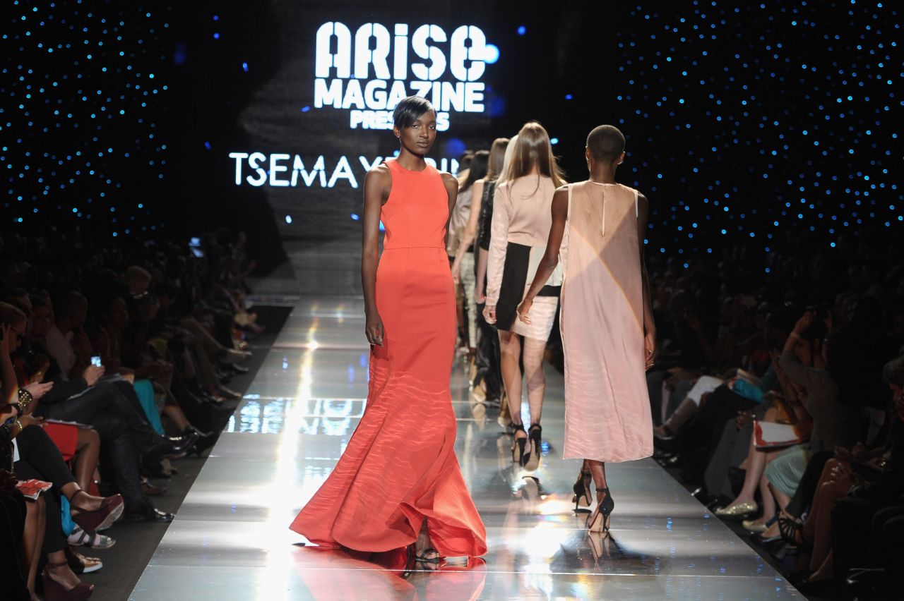 Tsemaye Binite's show was dominated by "marl grey jersey tracksuits with silver embossed branding, leather bomber jackets worn with denim shorts, flesh-toned panelled illusion dresses and a floor-sweeping, blood-red evening gown," Jennings said. 