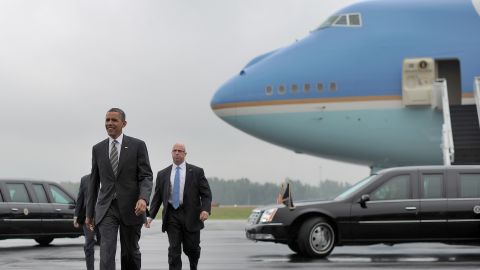 President Barack Obama exits Air Force One in Ohio Wednesday after an initial landing attempt was aborted.