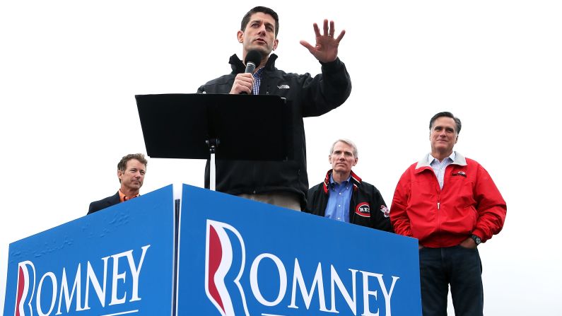 Ryan speaks Tuesday in Vandalia as Sen. Rand Paul, from left, Sen. Rob Portman and Romney listen.