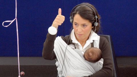 European Parliament member Licia Ronzulli votes in October 2010 to support raising maternity leave from 14 to 20 weeks while giving fathers two weeks to spend time with their newborn. America has no federal maternity or paternity leave policy.  