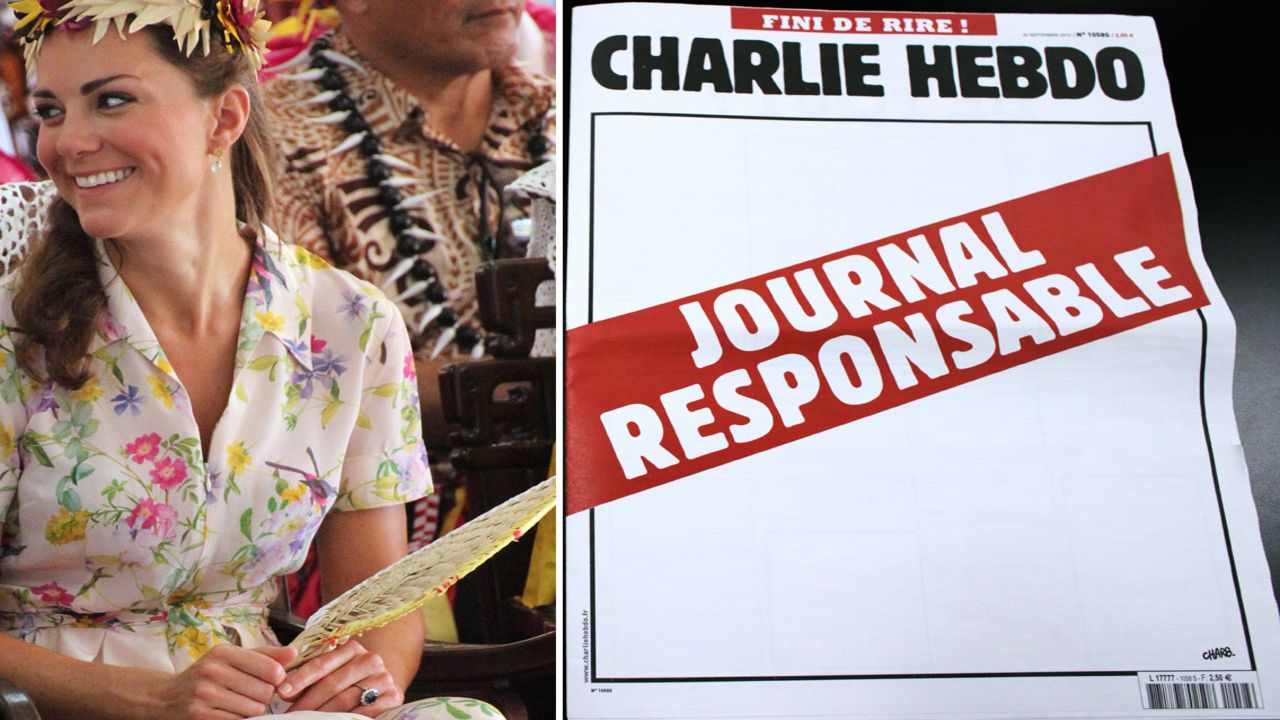 Pictured is Catherine, UK's Duchess of Cambridge, and a blank cover of Charlie Hebdo with "Responsible Newspaper" on red.